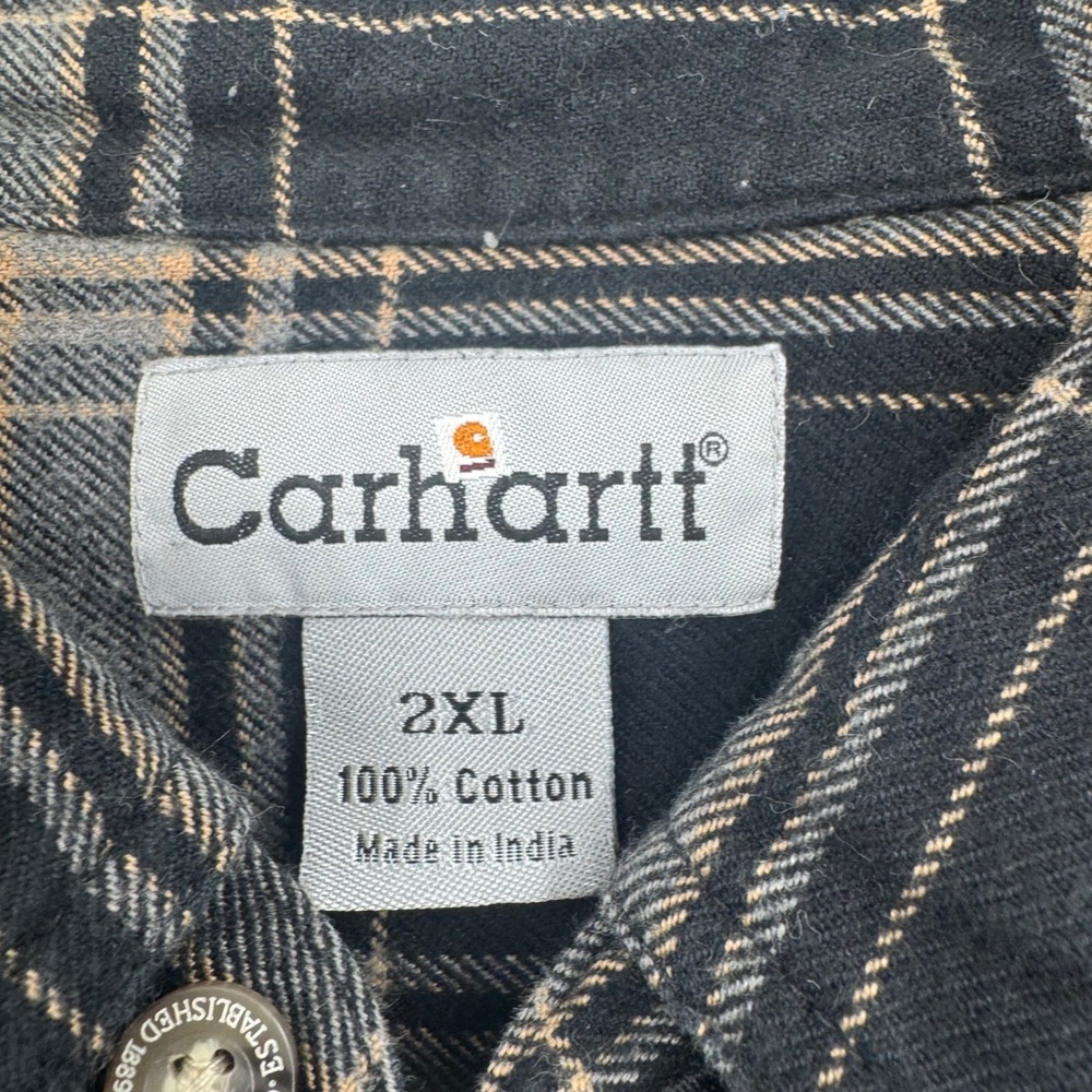 Carhartt Mens 2XL Black Tan Plaid Flannel Button Down Shirt Long Sleeve Cotton - Picture 3 of 7